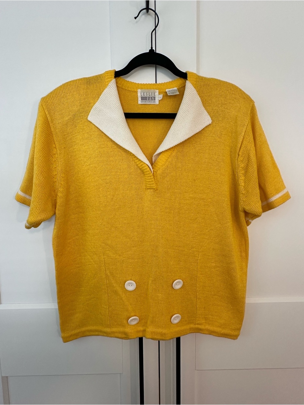 Vintage Yellow Short Sleeve 60s 70s Knit Sweater, Sailor Collar & Buttons, L